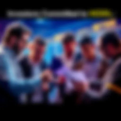 A group of determined investors analyzing charts and discussing market strategies, showing confidence in a buy and hold approach.