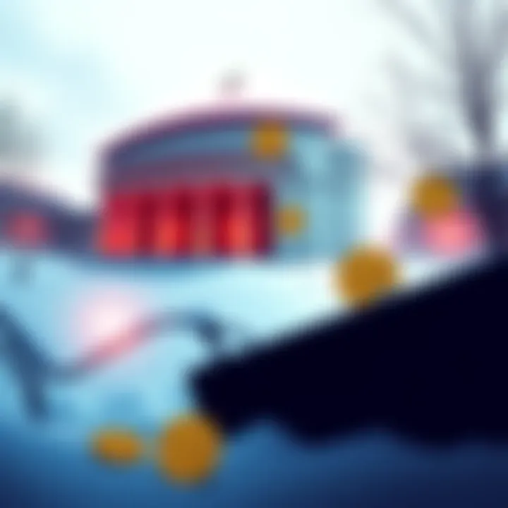Illustration showing a frozen Iranian bank building and Bitcoin symbols representing decentralized assets