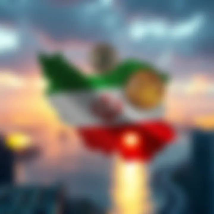 A visual representation of cryptocurrency symbols with an outline of Iran and a waterway, depicting the use of crypto for payments in strait passage.