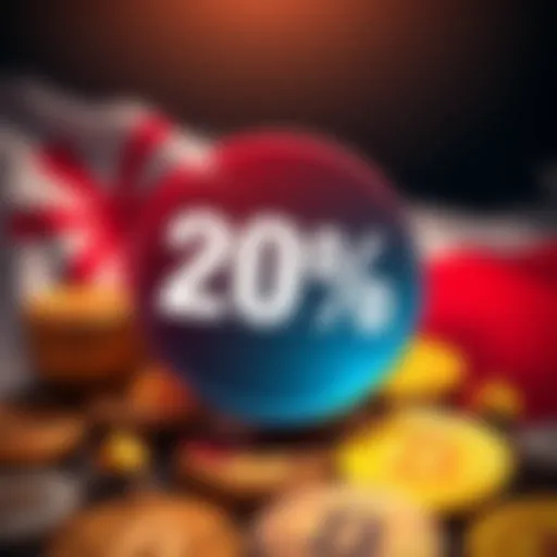 A graphic showing a flat 20% tax symbol overlaid on cryptocurrency coins with the Japanese flag in the background.