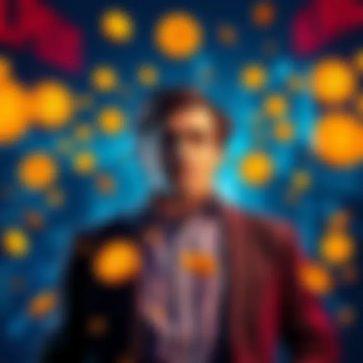 Javier Milei stands with a concerned expression, surrounded by cryptocurrency symbols and news headlines about his bribery scandal, reflecting investor uncertainty in Argentina.