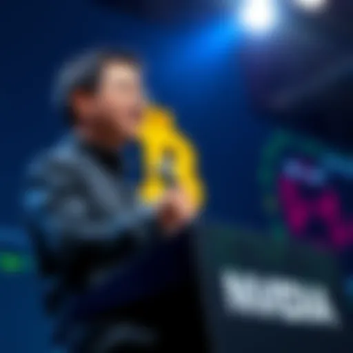 Nvidia CEO Jensen Huang speaks at a podium about Bitcoin energy consumption, highlighting its role in using excess electricity.