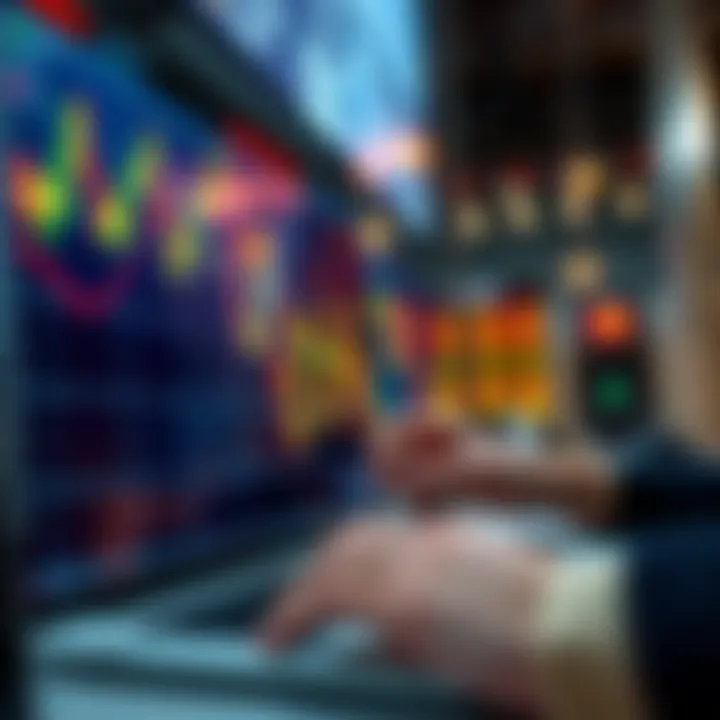 A close-up of a stock market graph showing trends and fluctuations, with a person analyzing data on a laptop.