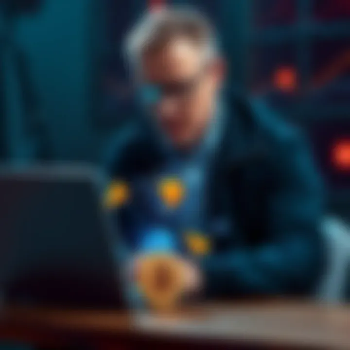 Joe Grand Demonstrating Trezor Wallet Hack Joe Grand showing a hacking method for Trezor wallets, depicting a laptop and cryptocurrency symbols, highlighting security concerns.