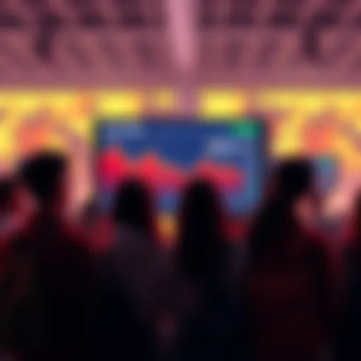 A group of people standing together excitedly looking at a digital screen displaying the CronosApp interface for trading stocks and cryptocurrencies.