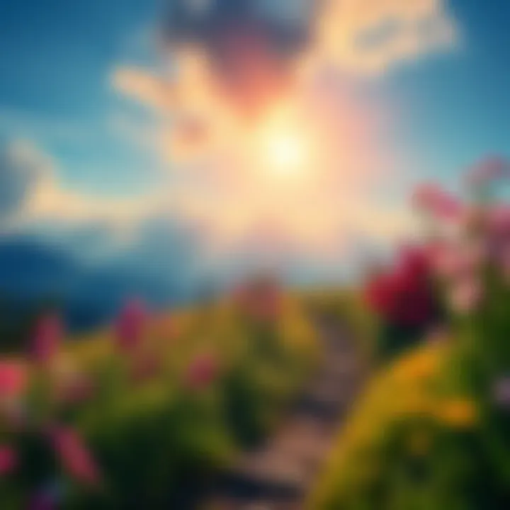 A serene landscape showcasing the small joys of life, featuring blooming flowers and a peaceful path.