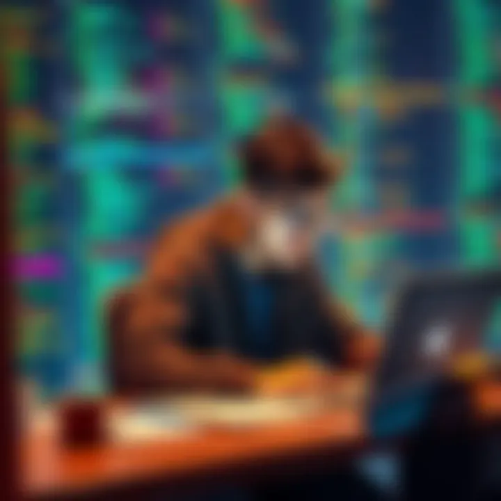 A young developer looking for blockchain project ideas and mentorship, sitting at a desk with a laptop and notes, surrounded by code snippets