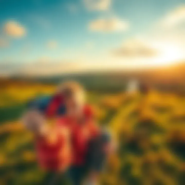A child holding a Junior Revolut card while playing with family in a scenic Welsh landscape