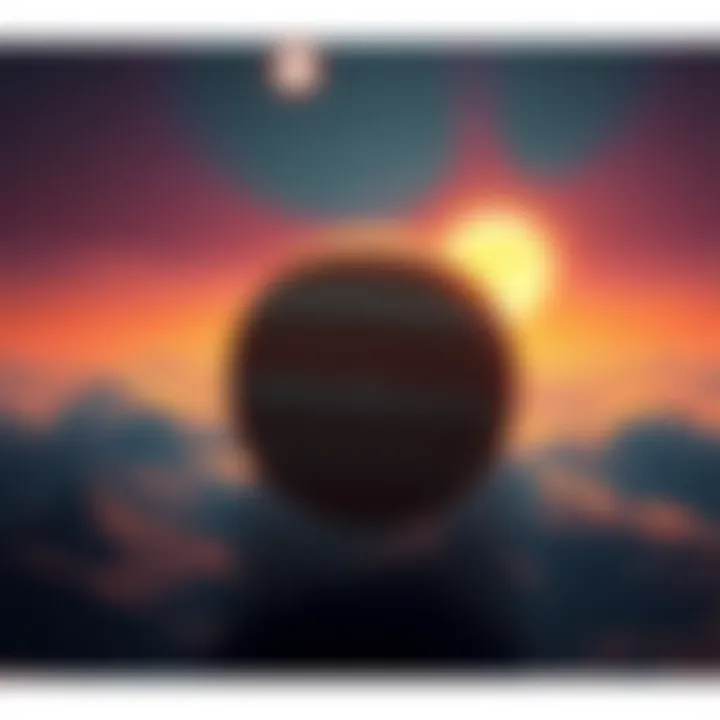 A view of a larger Jupiter with two bright suns in the sky, illuminating a vibrant landscape with unusual weather patterns and colors.