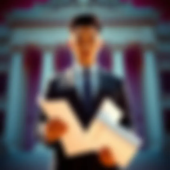 Crypto billionaire Justin Sun standing in front of a courthouse, holding legal documents, with a serious expression.