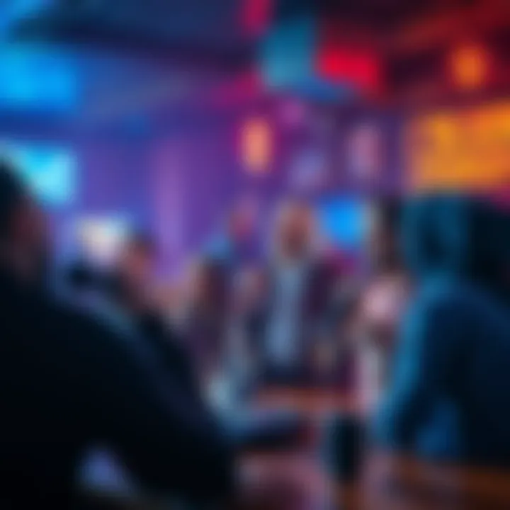A group of friends enjoying karaoke night, singing along to Sleep Token songs, with a lively bar atmosphere.
