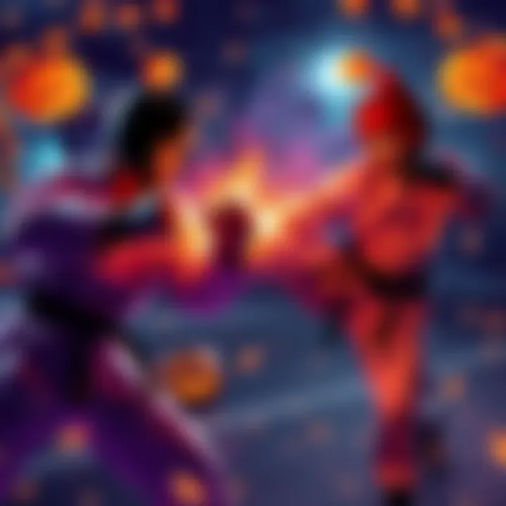 A vibrant promotional graphic for KC57 featuring karate fighters in action with Halloween-themed decorations