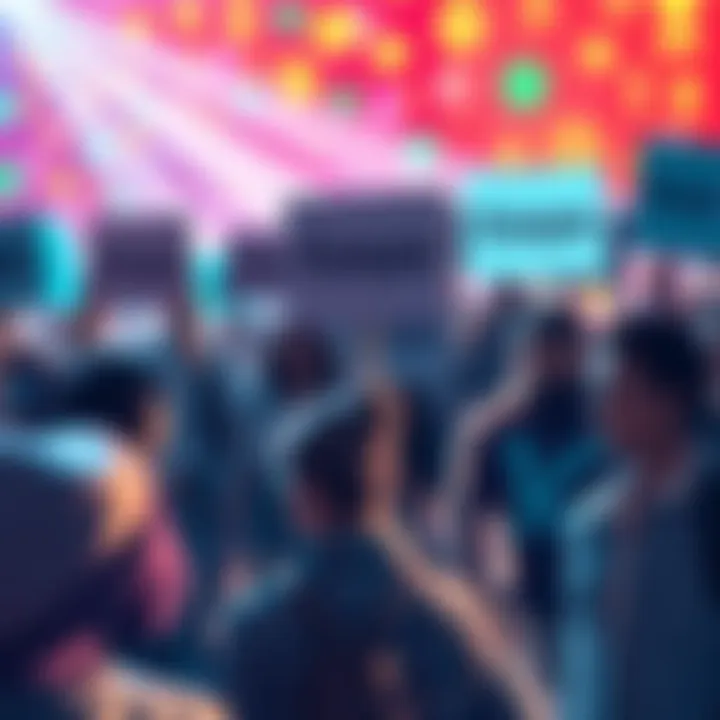A group of people holding signs supporting the listing of Kaspa on Revolut, with a vibrant background of cryptocurrency symbols.