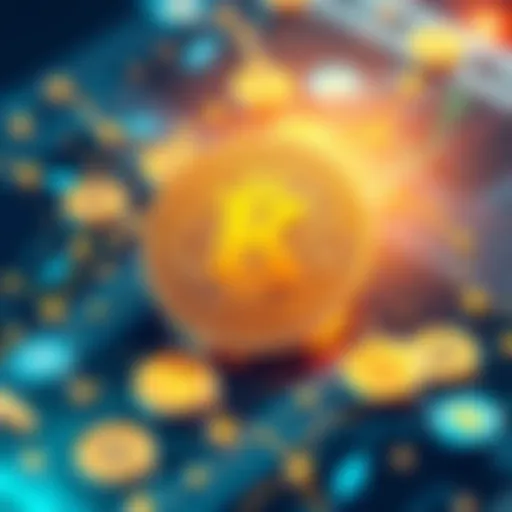 Illustration of a digital coin representing Kaspa, surrounded by blockchain elements and Bitcoin symbols, showcasing security and stability in the crypto market.