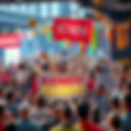 A vibrant community of people supporting KENDU, celebrating its growth with colorful signs and decorations. Some members hold up banners with KENDU logo and slogans, showcasing their enthusiasm for th...