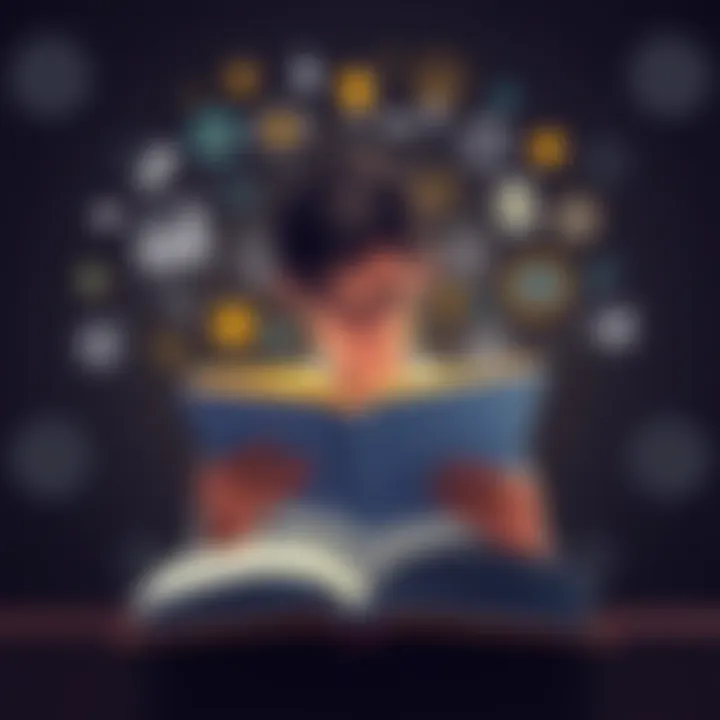 A person reading a book with various concept icons around them, representing different ideas and their implications.