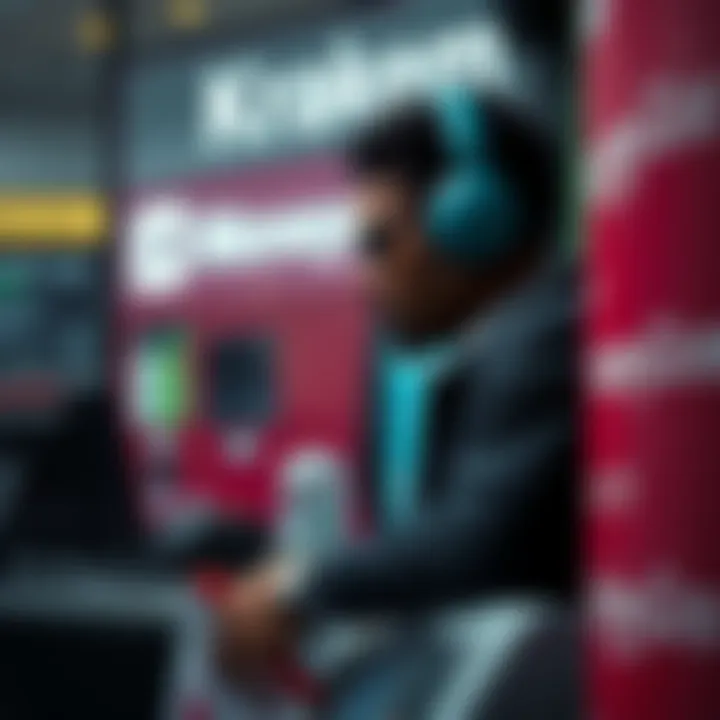 Kraken and MoneyGram Partnership A person cashing out cryptocurrency at a MoneyGram location with Kraken branding in the background.