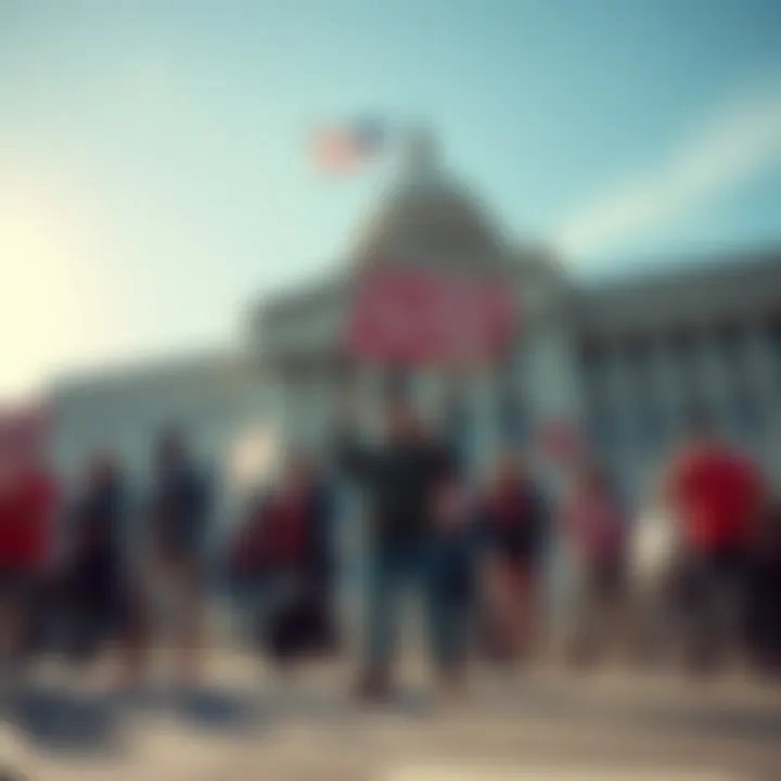 Labor union representatives holding signs opposing the Senate crypto bill outside a government building