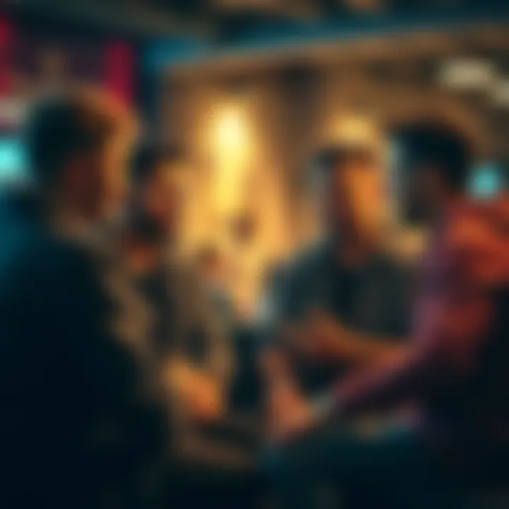 A group of young men engaging in conversation about local events and opinions in a casual setting.