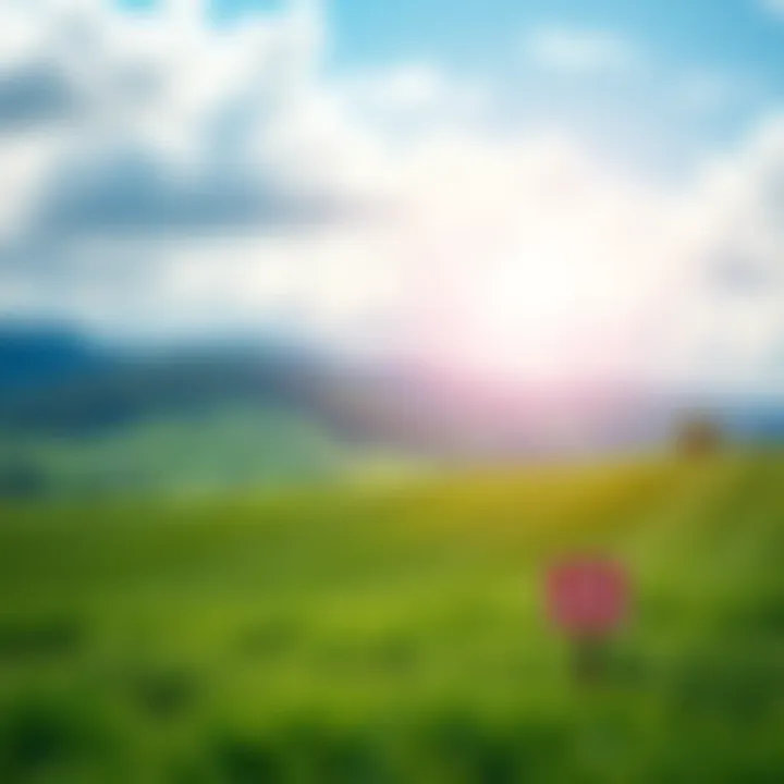 Land Investment Concept A scenic view of a green field with a small sign that reads 'For Sale,' symbolizing land investment opportunities.
