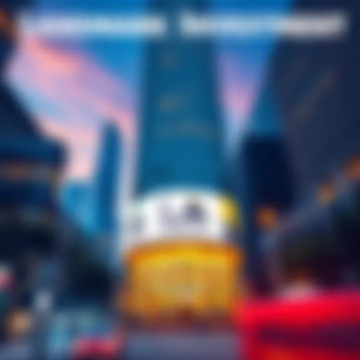 A modern skyscraper with a large banner advertising investment opportunities, showcasing its impressive architecture and busy surroundings.