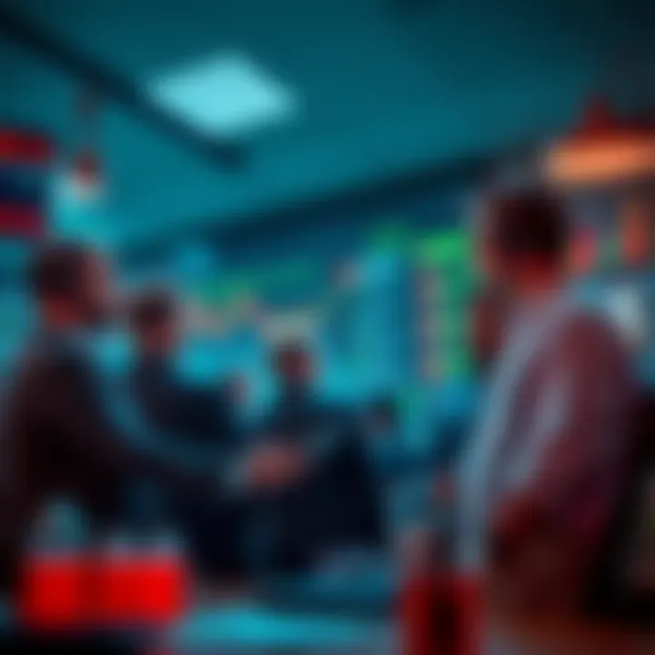 A group of big investors analyzing charts and retail sentiment data in a financial office