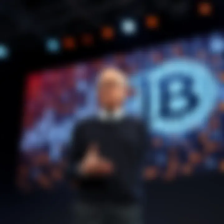 Larry Fink Discussing Blockchain Larry Fink of BlackRock talks about the future of tokenization on a stage with a blockchain graphic behind him