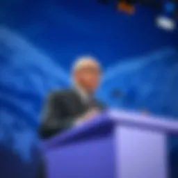 Larry Fink speaking at a podium during the Davos 2026 conference, emphasizing blockchain tokenization