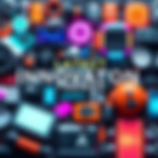 A collage of various innovative technology items, including gadgets, apps, and futuristic designs, showcasing their impact on everyday life.