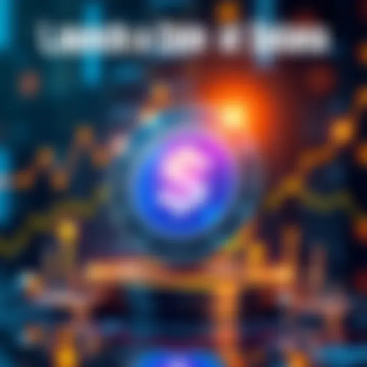 A graphic showing a digital coin with Solana's logo, surrounded by charts and community symbols, representing a successful launch on the Solana platform.