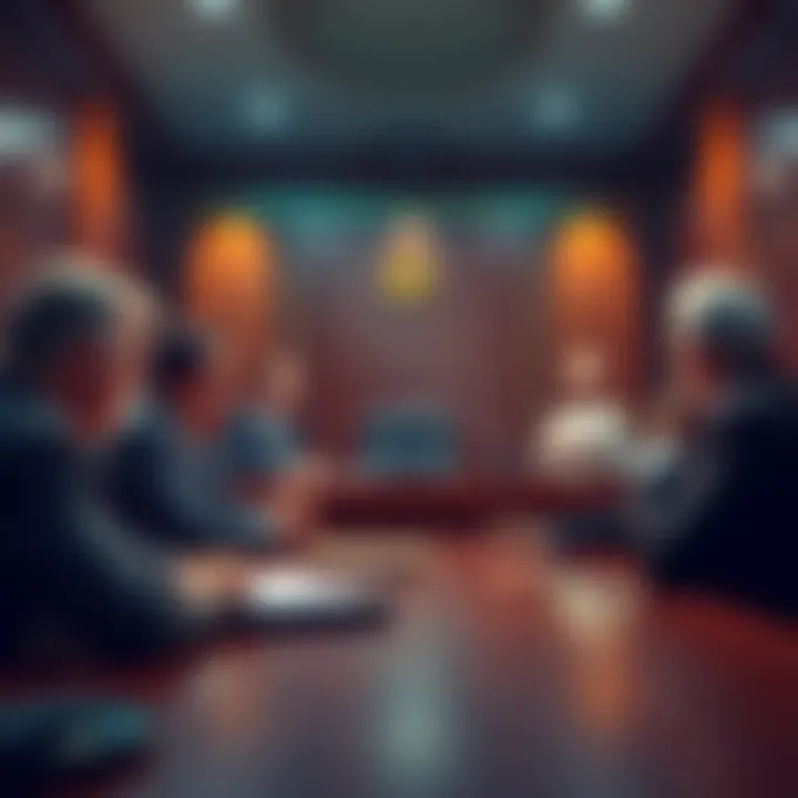 Lawsuit Courtroom Scene A courtroom with lawyers discussing a lawsuit case, depicting tension over a $20M dispute related to Bitcoin.