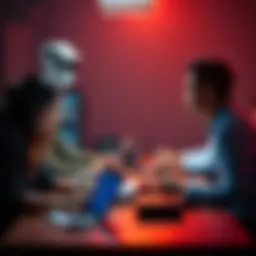 A group of people collaborating around a table with laptops, focusing on AI tools and discussing output verification techniques.