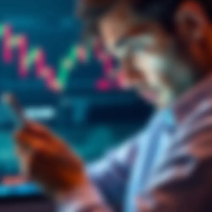 A person looking worried while using a smartphone displaying the Ledger app, with graphs indicating fluctuating funds in the background.