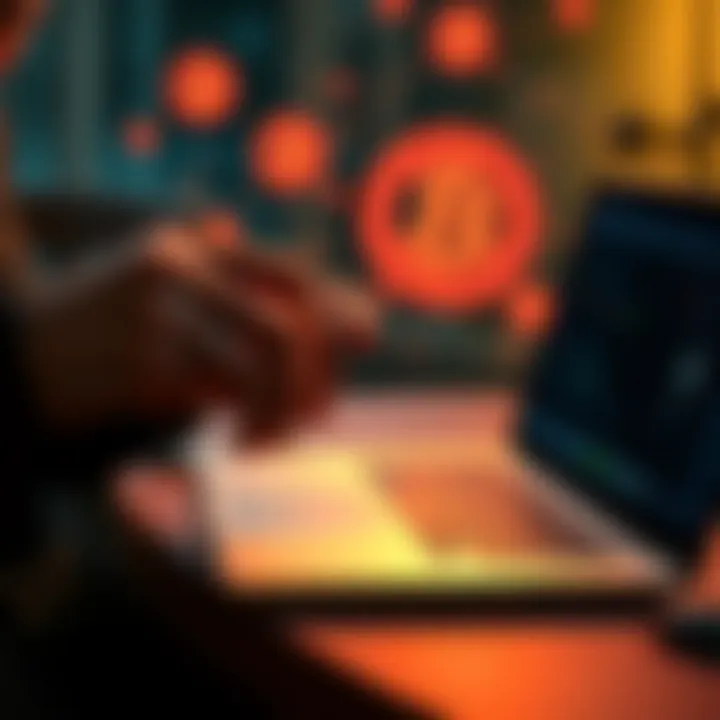 A person troubleshooting a Ledger device with a laptop and crypto symbols in the background