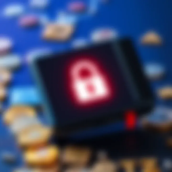 A Ledger hardware wallet displayed with a lock symbol, indicating a security issue, surrounded by cryptocurrency symbols.
