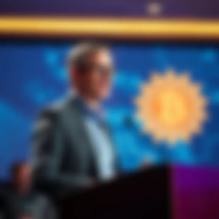 Dr. Leemon Baird speaking at a conference Dr. Leemon Baird discusses quantum threats to blockchain at a podium