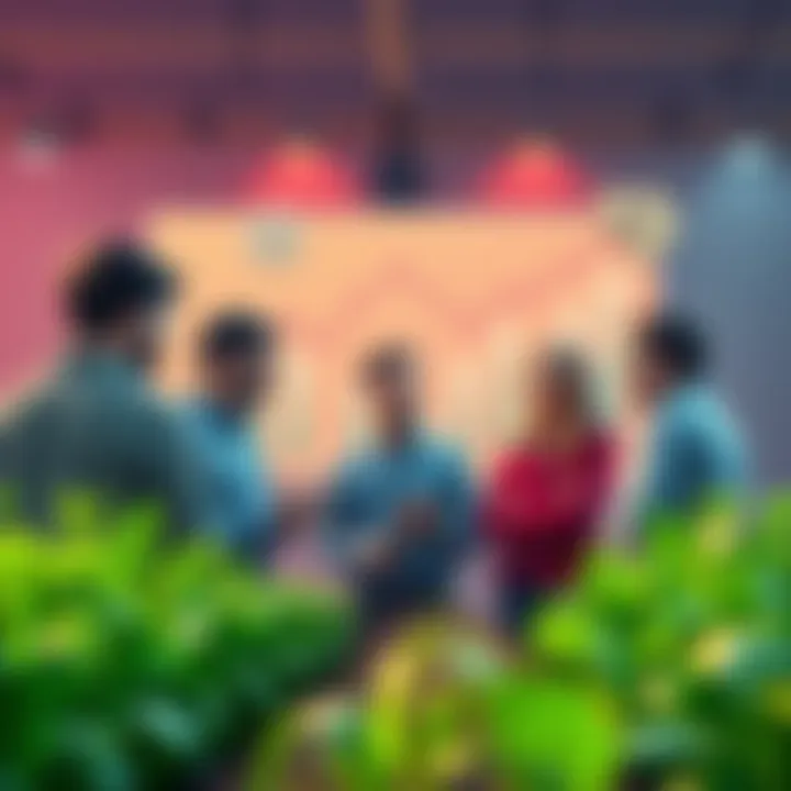 A group of people discussing risks and strategies in DeFi yield farming with charts and money illustrations in the background