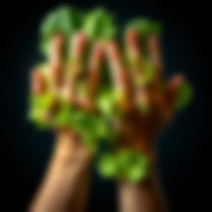 A pair of hands playfully covered with fresh green lettuce leaves, symbolizing the humorous phrase 'lettuce hands'.
