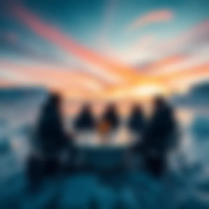 A group of Libertarians discussing their ideas for a stateless community in Greenland, featuring cryptocurrency symbols and AI graphics