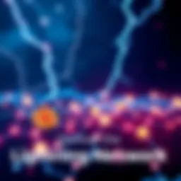 A visual representation of the Lightning Network showcasing fast Bitcoin transactions with connected nodes and arrows indicating speed.