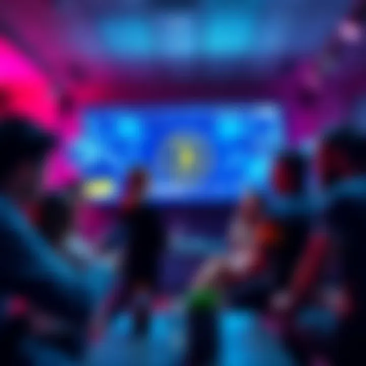 A group of people discussing Bitcoin transactions in a lively setting with a digital screen displaying Lightning Network insights.