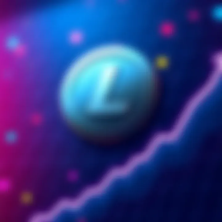 The Litecoin logo surrounded by a graph showing upward movement, indicating a rise in its cryptocurrency ranking.