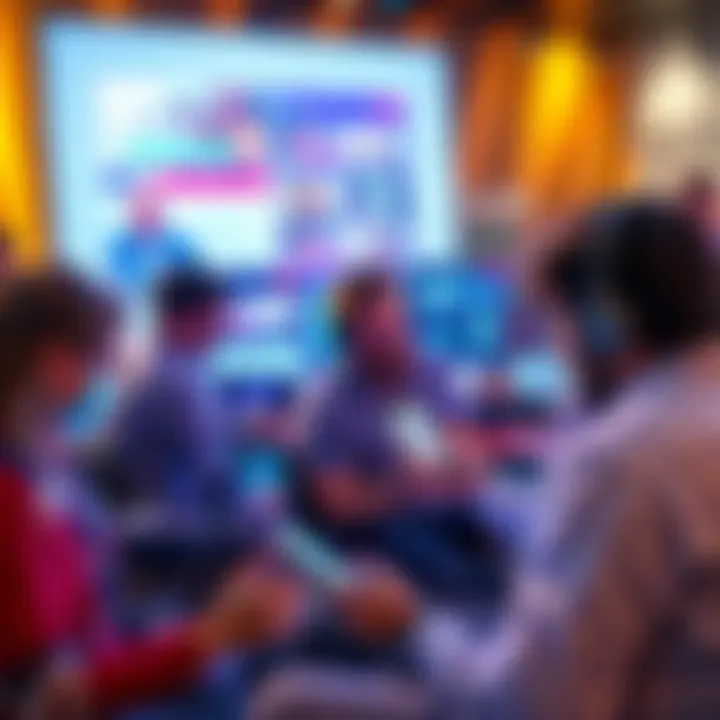 A group of people engaged with a live feed on laptops and phones, discussing its features and benefits.