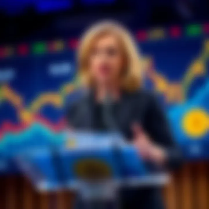 Liz Truss stands at a podium advocating for Bitcoin as a solution to economic issues in the UK, with charts showing currency trends behind her.