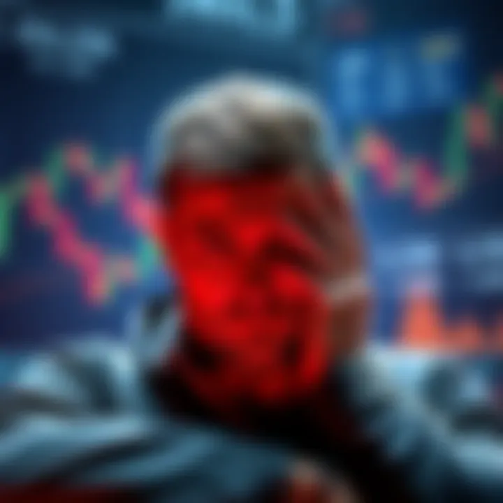 A distraught investor looks at a chart showing a significant drop in cryptocurrency value after a swap mistake. The background hints at a financial market with declining graphs.