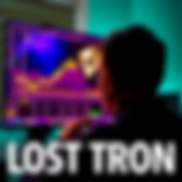 A person looking at a computer screen with a cryptocurrency chart, showing TRON symbols and recovery options after a delisting.