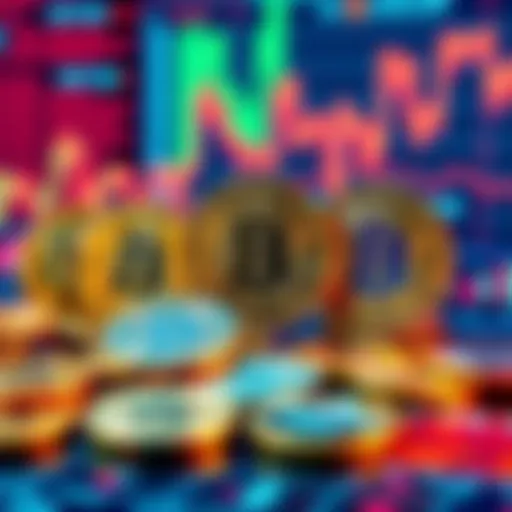 A group of cryptocurrency coins on a digital display representing low market cap tokens ready for investment