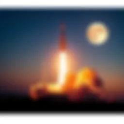 A powerful rocket lifting off towards the moon against a twilight sky.