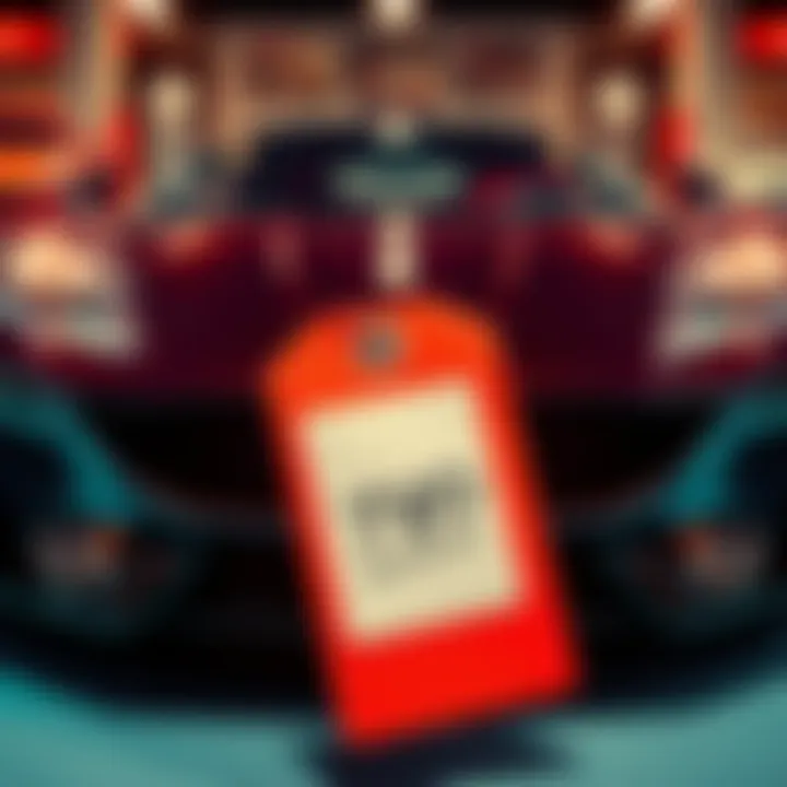 A shiny luxury car displayed with a price tag, representing the choice between real wealth and appearances.