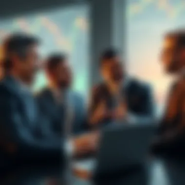 A group of business professionals engaging in a conversation about Bitcoin, showing interest and enthusiasm, with financial charts and a laptop in the background.